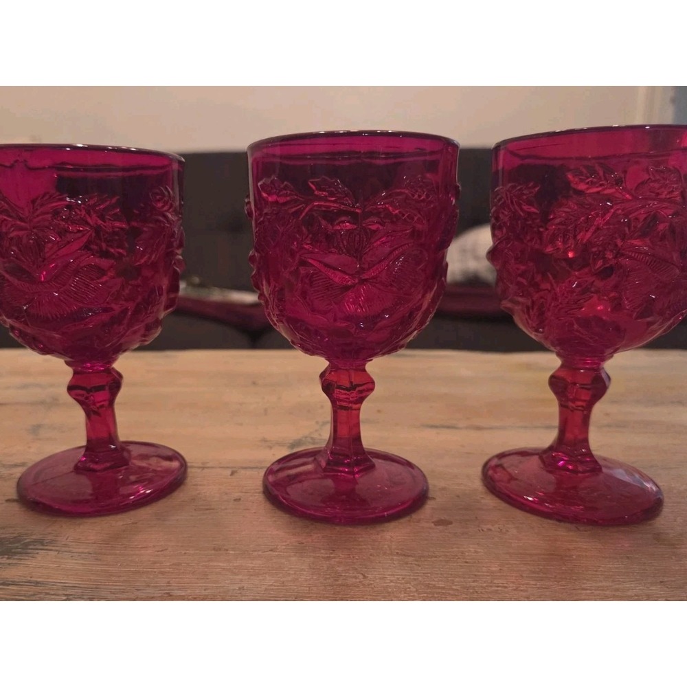 Vintage L.G. Wright / Fenton Glass Wild Rose Madonna Inn Red Set Of 3
